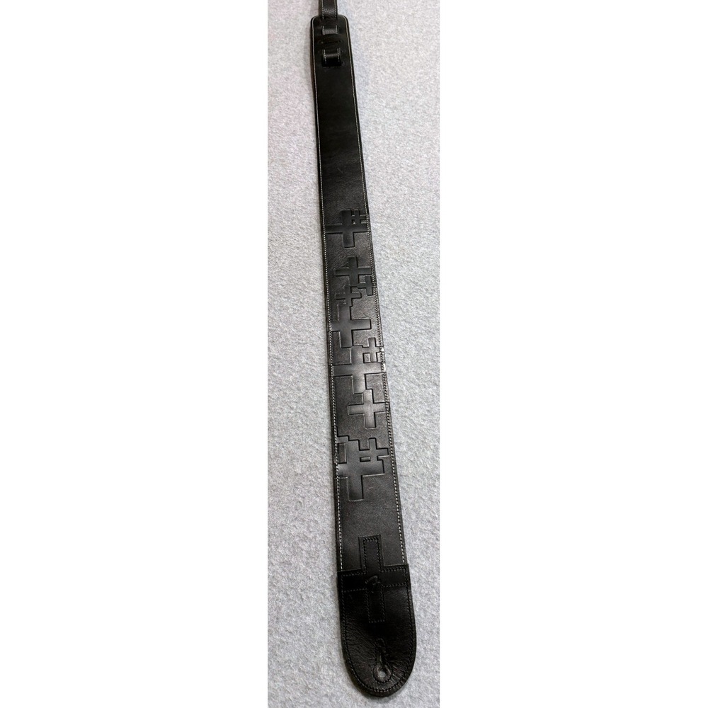 The Edge U2 Fender Black Leather Guitar Strap Embossed Cross Design *Cut End